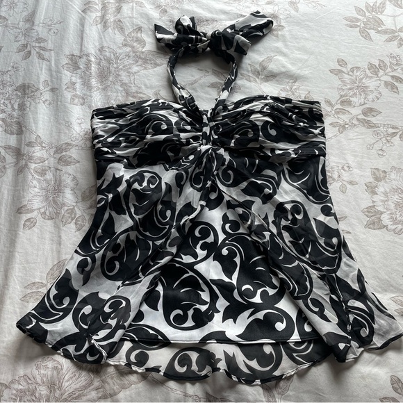 Y2K Black White Silk Strapless Halter Flutter Top 10 Fairycore Office Siren Goth - Picture 1 of 11